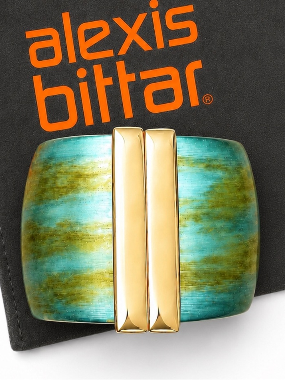 Alexis Bittar Wide Teal Green Lucite and 14k Gold Plated Hinged Cuff Bracelet